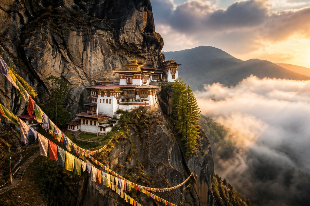 Paro Taktsang, the Tiger's Nest monastery on a cliff in Bhutan