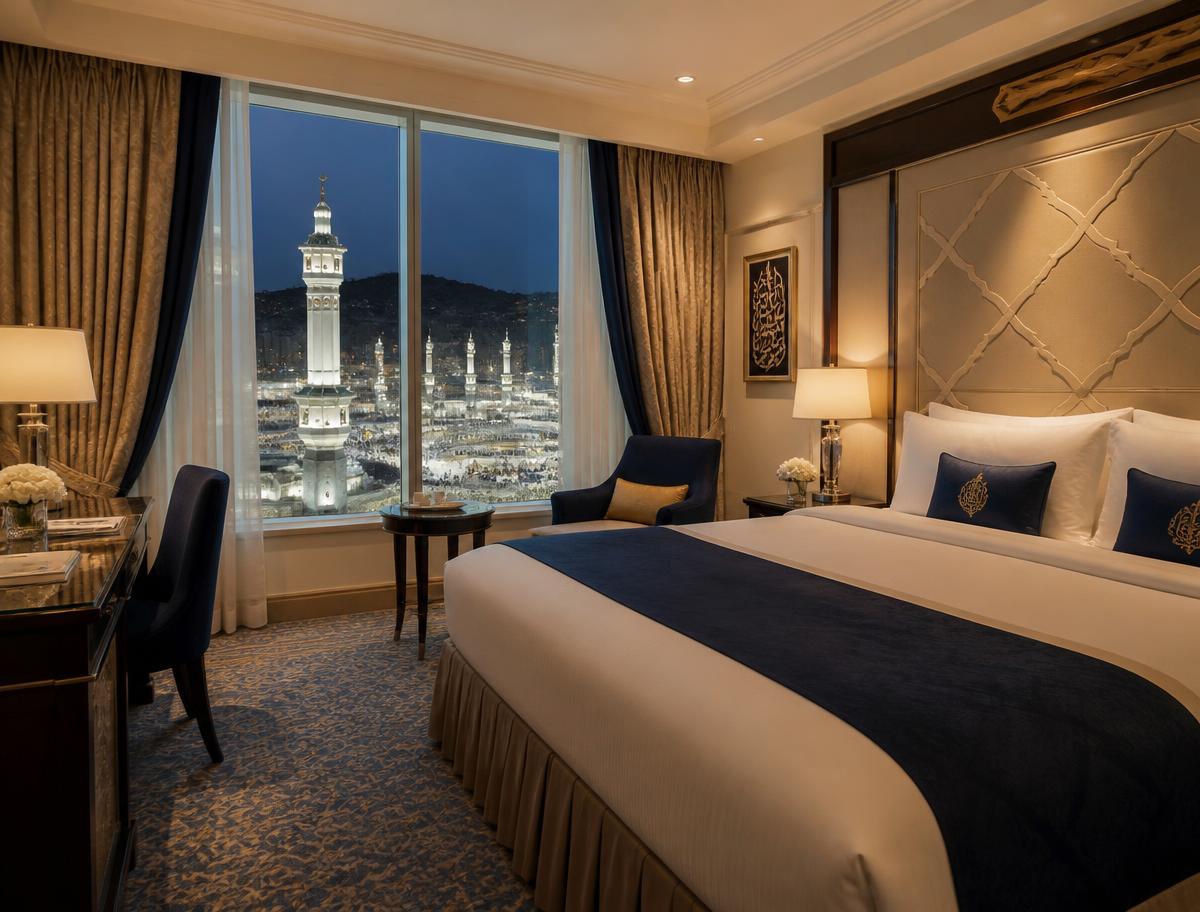 Hotel room in Makkah with a view of the Haram through the window