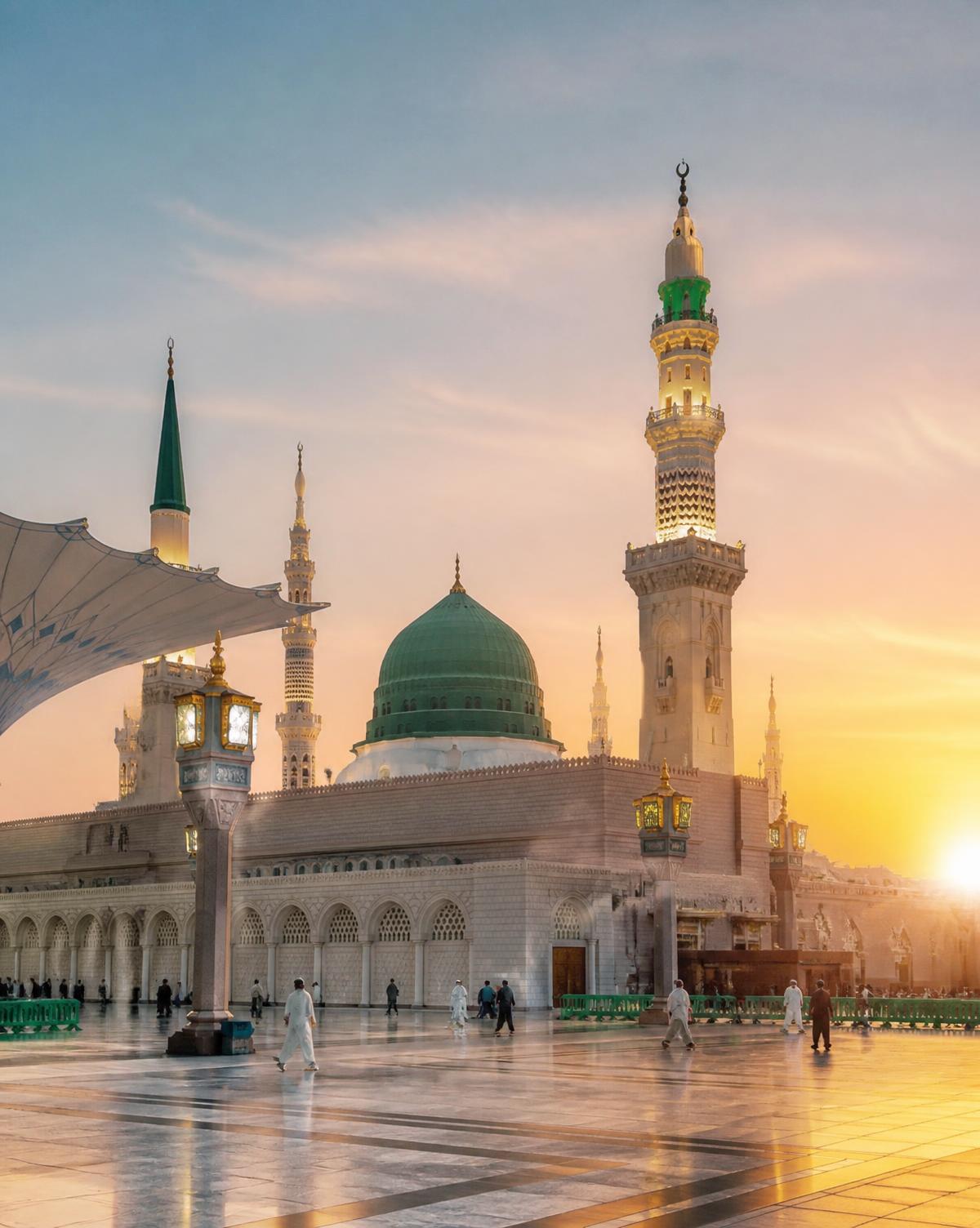 Al-Masjid an-Nabawi in Madinah with its green dome at sunrise