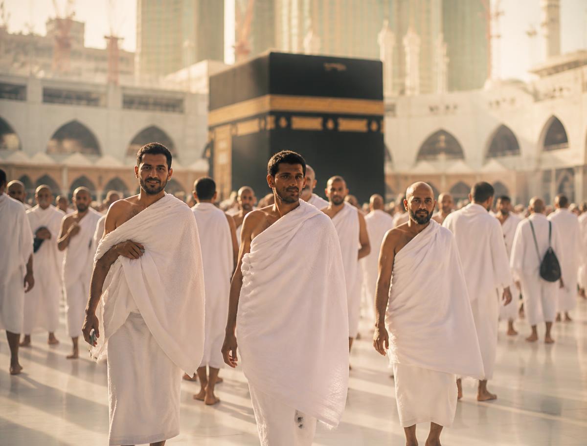Pilgrims in white ihram walking near the Kaaba in Makkah